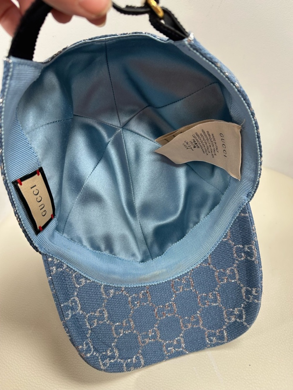 Gucci Blue GG Monogram Metallic Baseball Cap Hat Size S 56cm Made in Italy - Picture 3 of 11